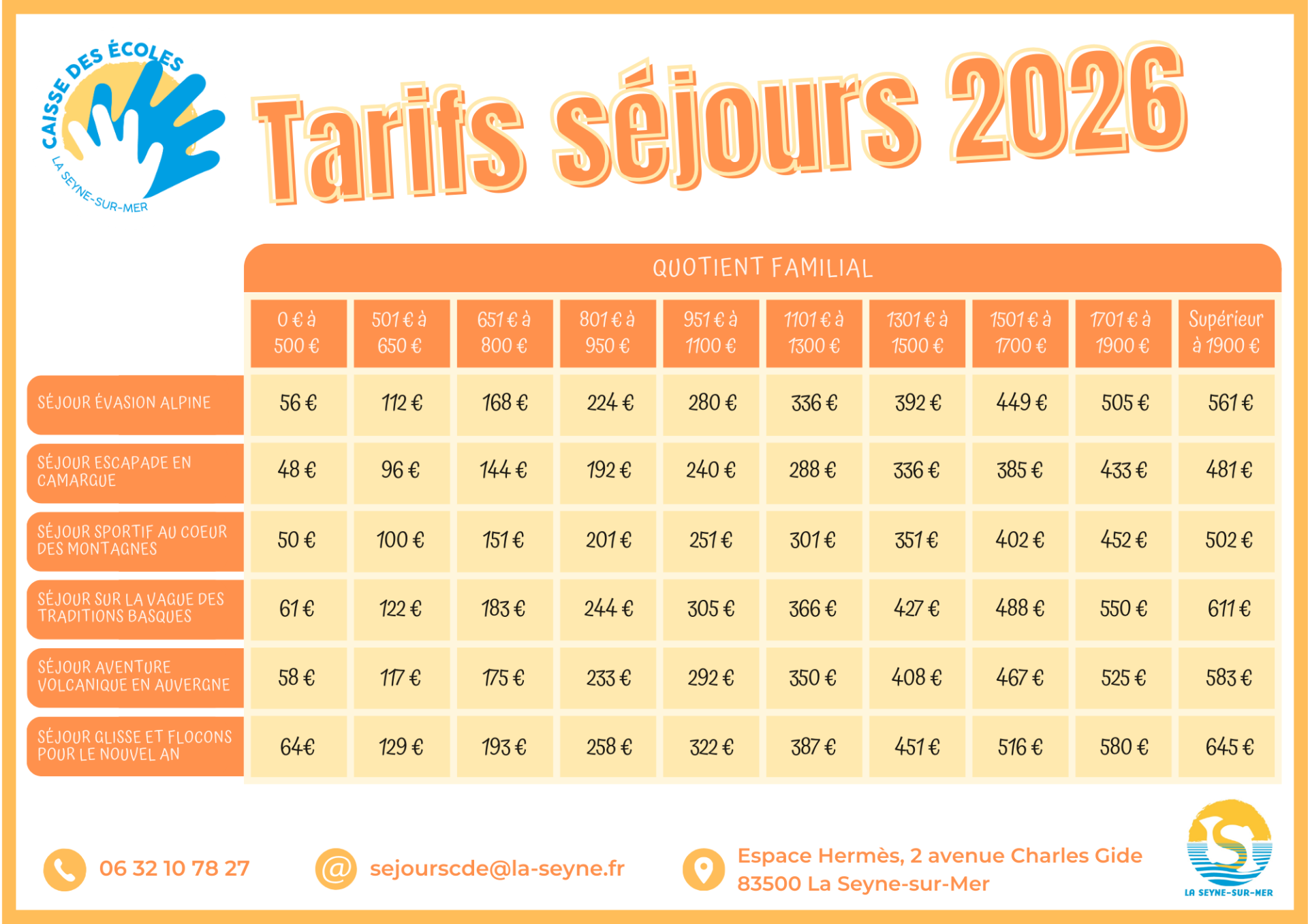 Tarifs sejours 2026